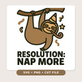 Cartoon sloth in a party hat hanging from a branch and blowing a party horn, with confetti and a star, above the bold text "Resolution: Nap More."