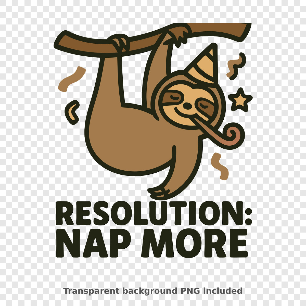 Cartoon sloth in a party hat hanging from a branch and blowing a party horn, with confetti and a star, above the bold text "Resolution: Nap More."