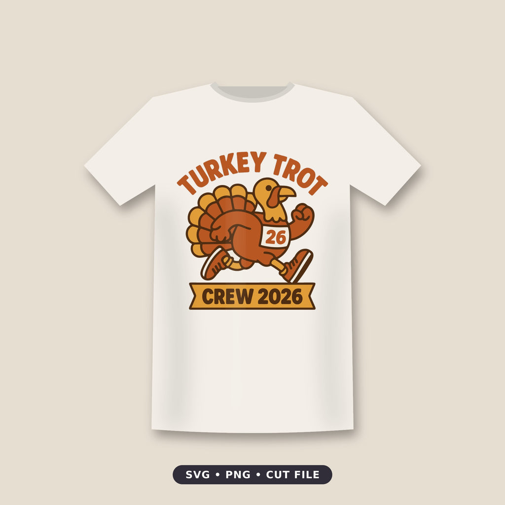 Retro cartoon turkey in orange sneakers running with a race bib number 26, with the text Turkey Trot above and a banner reading Crew 2026 below.