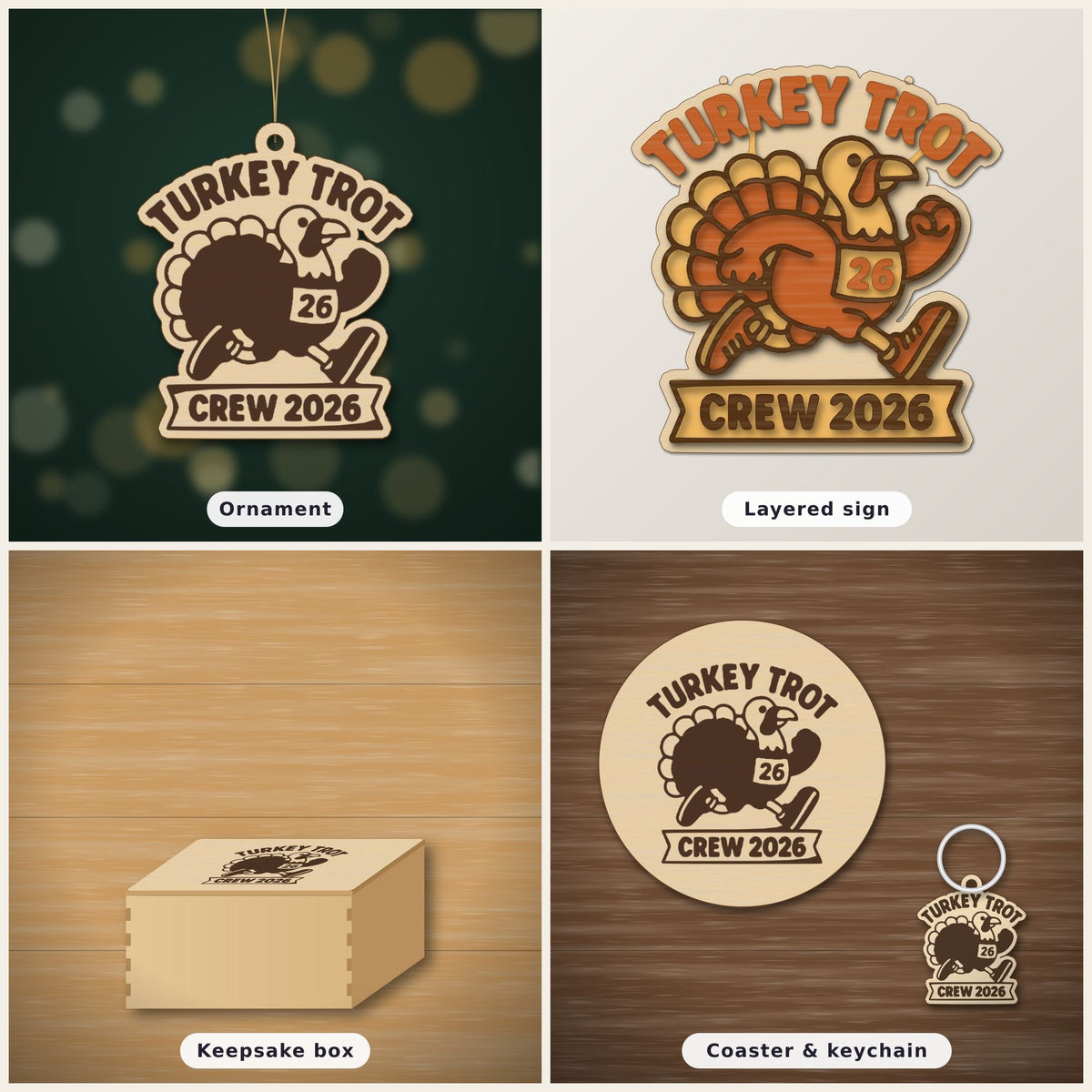A laser cut wooden ornament showing a cartoon turkey running in a race bib numbered 26, with the words Turkey Trot above and Crew 2026 on a banner below, hanging against a dark green background.