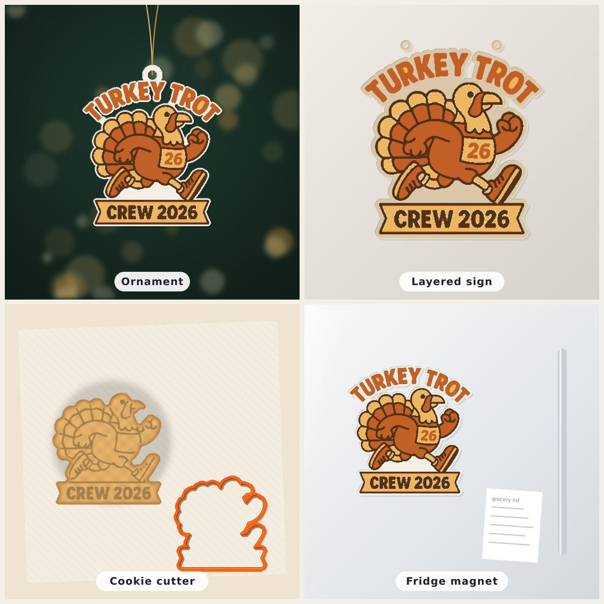 A cartoon turkey in running shoes and a number 26 race bib on a round ornament that reads Turkey Trot at the top and Crew 2026 on a ribbon banner below.