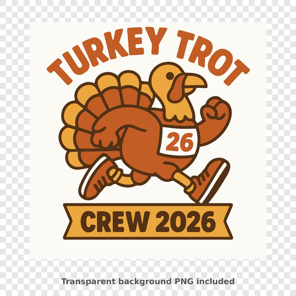 Retro cartoon turkey in orange sneakers running with a race bib number 26, with the text Turkey Trot above and a banner reading Crew 2026 below.