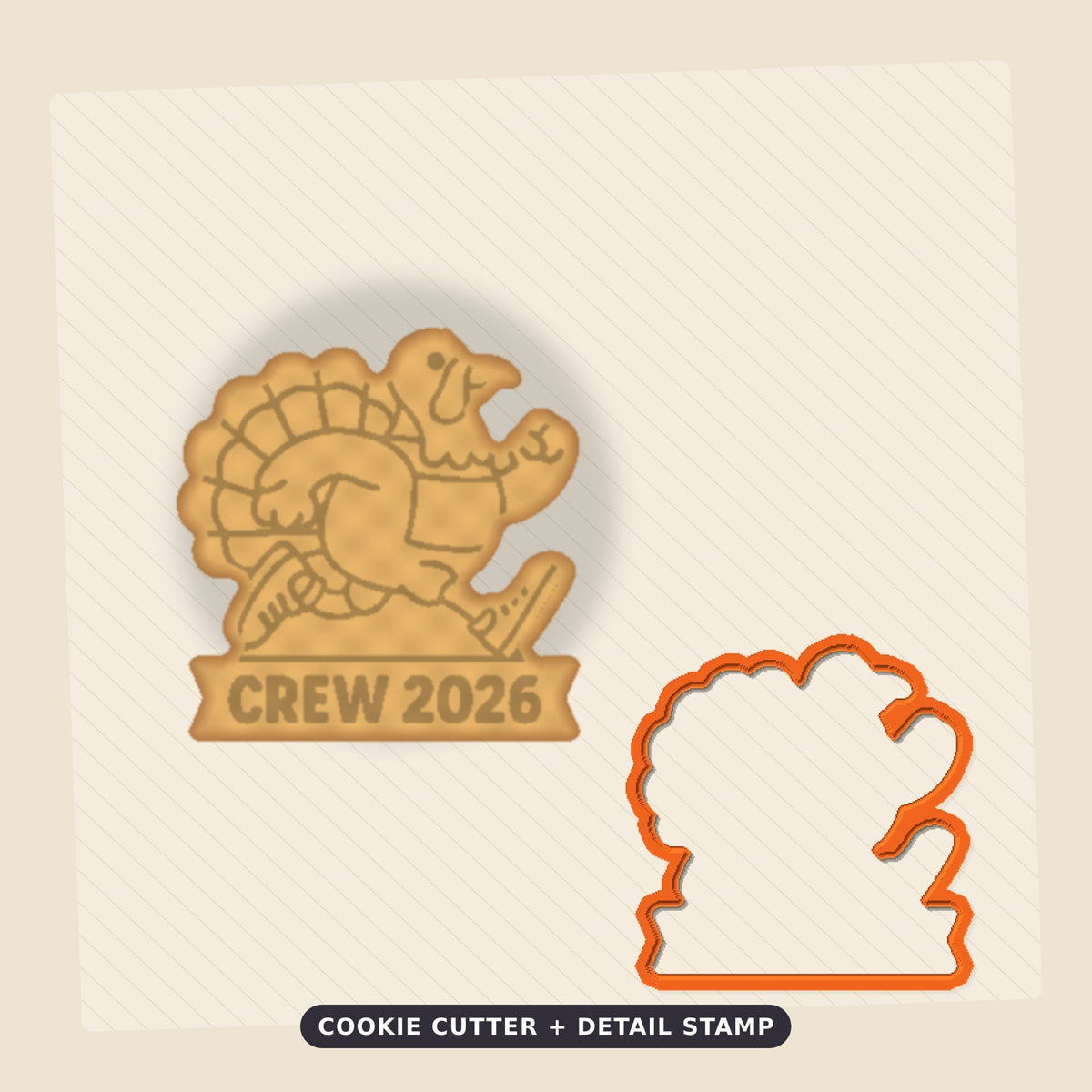 A cartoon turkey in running shoes and a number 26 race bib on a round ornament that reads Turkey Trot at the top and Crew 2026 on a ribbon banner below.