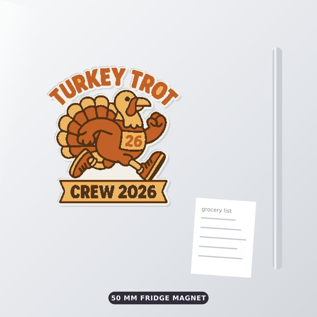 A cartoon turkey in running shoes and a number 26 race bib on a round ornament that reads Turkey Trot at the top and Crew 2026 on a ribbon banner below.