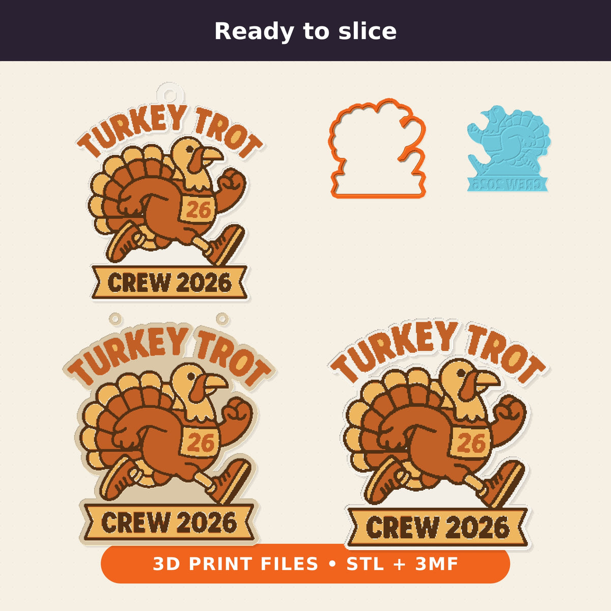 A cartoon turkey in running shoes and a number 26 race bib on a round ornament that reads Turkey Trot at the top and Crew 2026 on a ribbon banner below.
