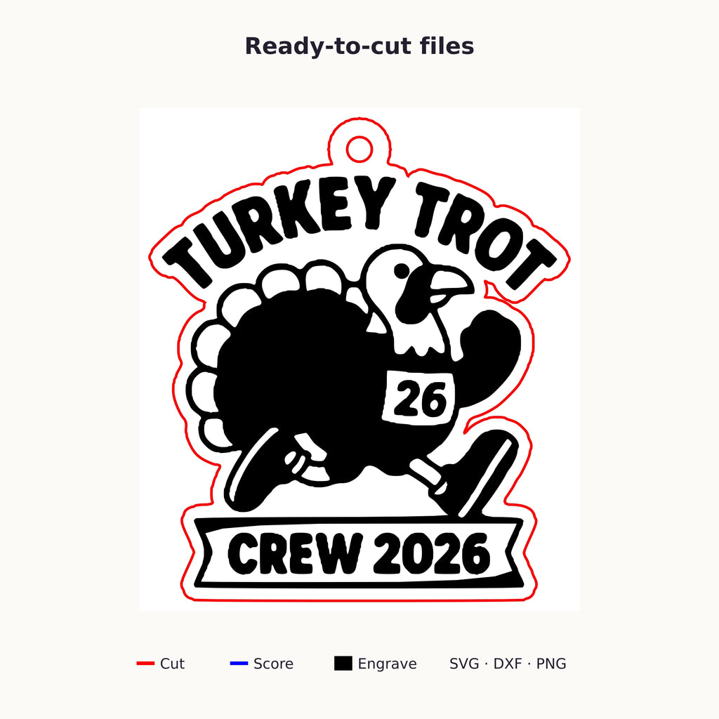 A laser cut wooden ornament showing a cartoon turkey running in a race bib numbered 26, with the words Turkey Trot above and Crew 2026 on a banner below, hanging against a dark green background.