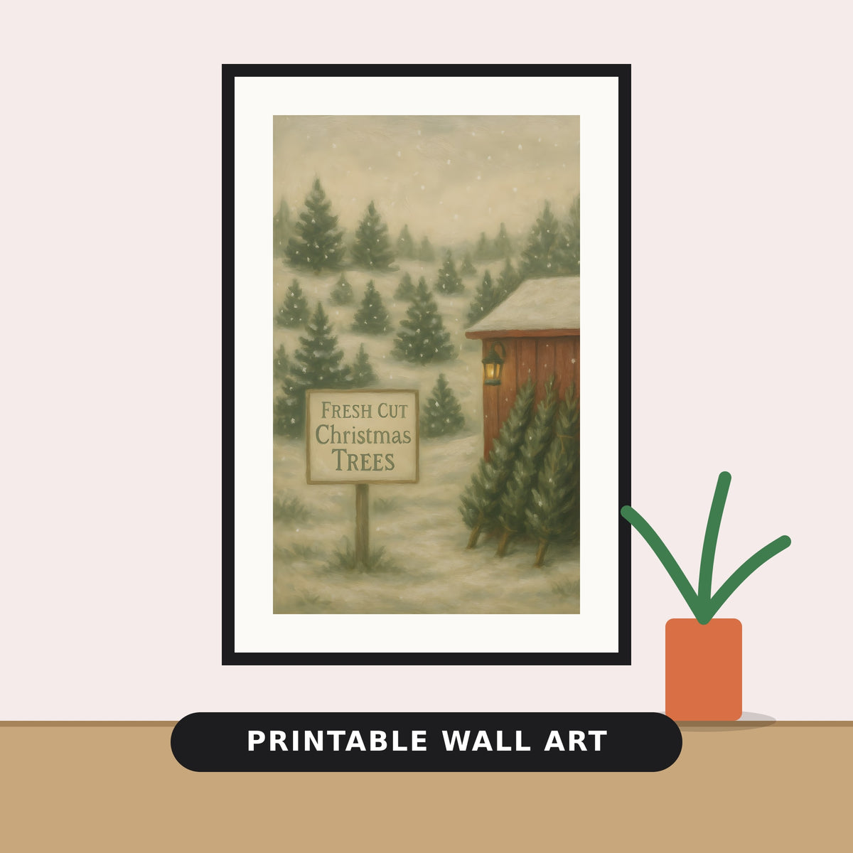 Vintage painting of a snowy Christmas tree farm with evergreen trees, a red barn with a glowing lantern, and a wooden sign reading Fresh Cut Christmas Trees.