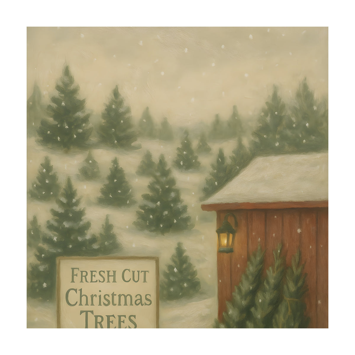 Vintage painting of a snowy Christmas tree farm with evergreen trees, a red barn with a glowing lantern, and a wooden sign reading Fresh Cut Christmas Trees.