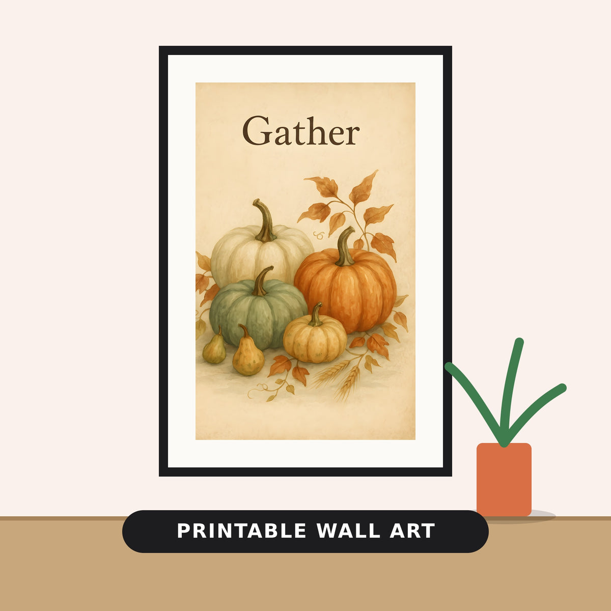 Vintage watercolor of cream, sage green, orange and golden pumpkins with small gourds, wheat and autumn leaves on parchment, with the word Gather above.