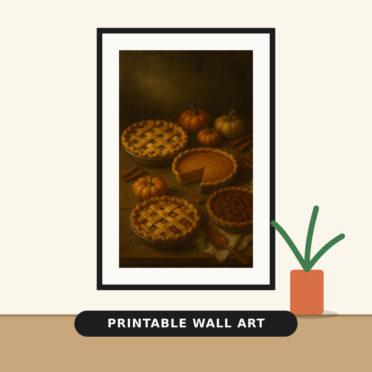 Vintage oil-painting style still life of a lattice-top pie, a sliced pumpkin pie, and a pecan pie on a rustic wooden table with small pumpkins and cinnamon sticks.