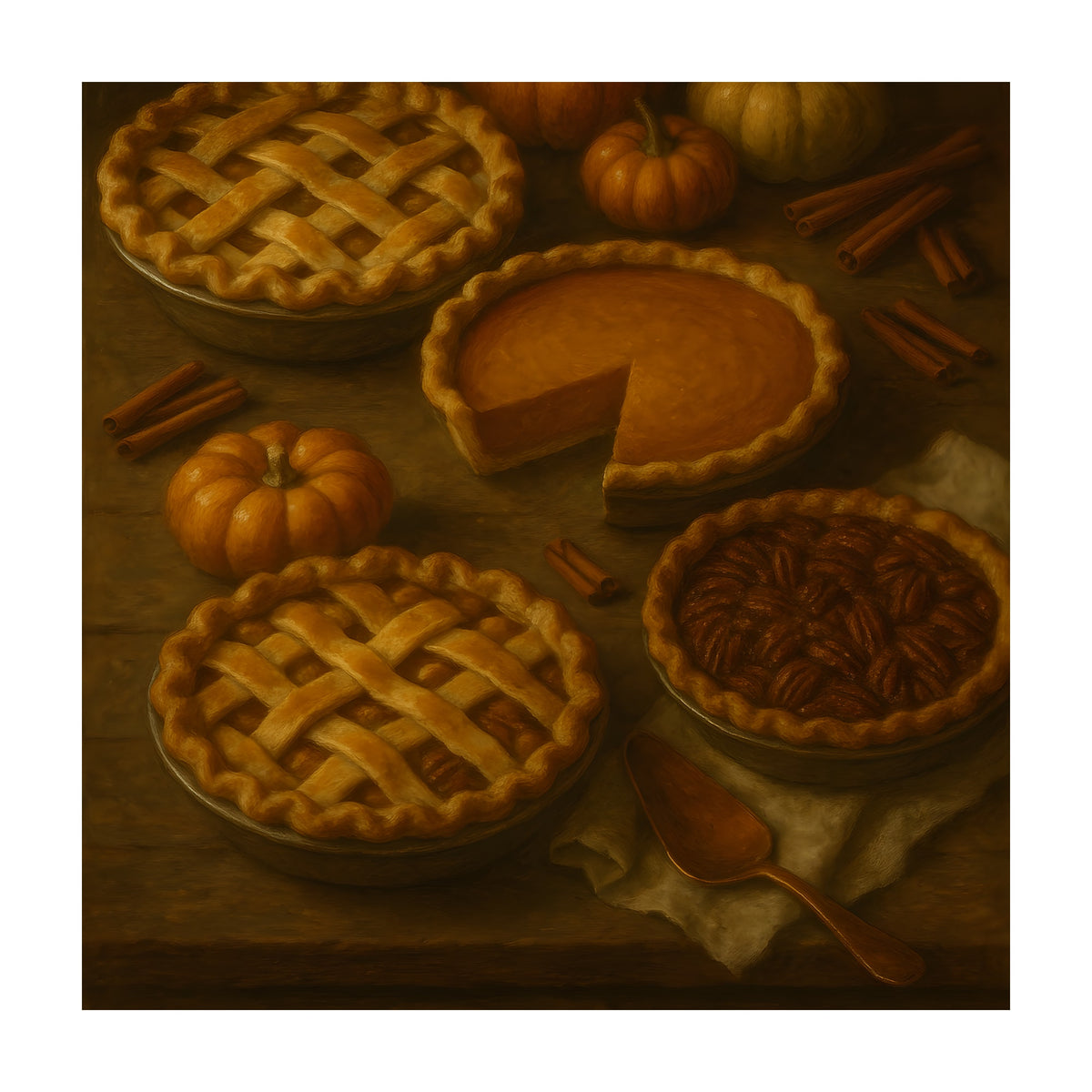 Vintage oil-painting style still life of a lattice-top pie, a sliced pumpkin pie, and a pecan pie on a rustic wooden table with small pumpkins and cinnamon sticks.