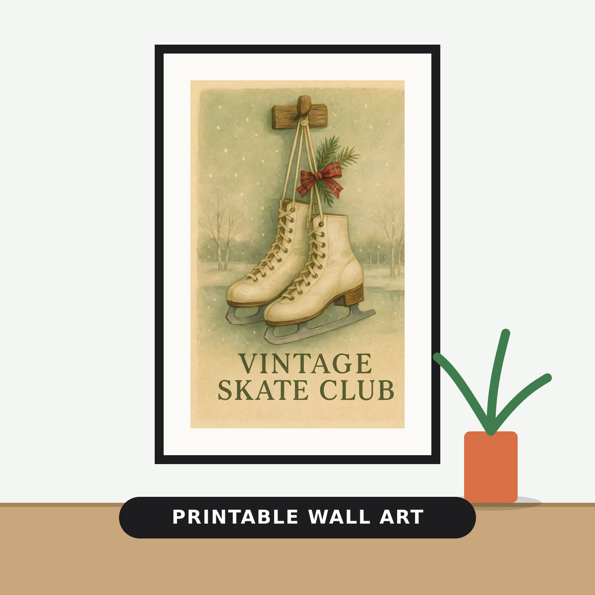 Watercolor-style vintage cream ice skates hanging from a wooden peg with a red plaid bow and evergreen sprig over a snowy pond scene, with the text Vintage Skate Club below.