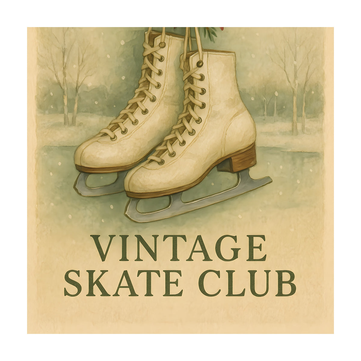Watercolor-style vintage cream ice skates hanging from a wooden peg with a red plaid bow and evergreen sprig over a snowy pond scene, with the text Vintage Skate Club below.