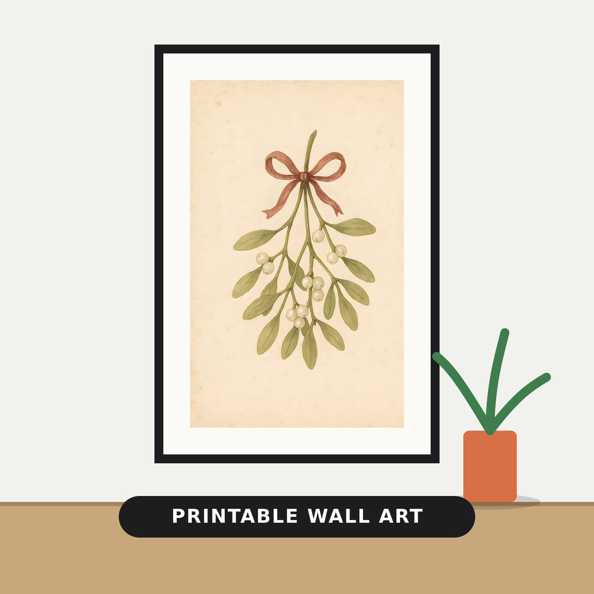 Vintage watercolor-style illustration of a hanging mistletoe sprig with green leaves, white berries and a muted red ribbon on aged cream paper.