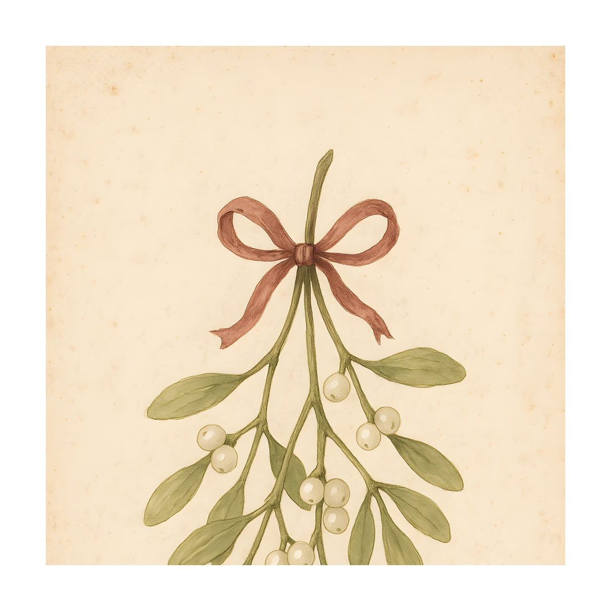 Vintage watercolor-style illustration of a hanging mistletoe sprig with green leaves, white berries and a muted red ribbon on aged cream paper.