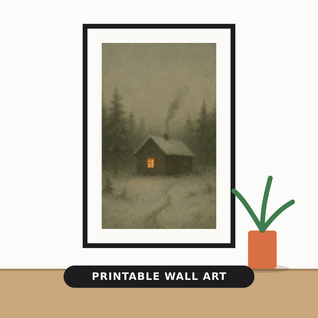 Vintage oil-painting style winter scene of a small log cabin with a glowing orange window and chimney smoke, surrounded by snowy evergreen trees and a faint footpath in the snow.