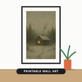 Vintage oil-painting style winter scene of a small log cabin with a glowing orange window and chimney smoke, surrounded by snowy evergreen trees and a faint footpath in the snow.