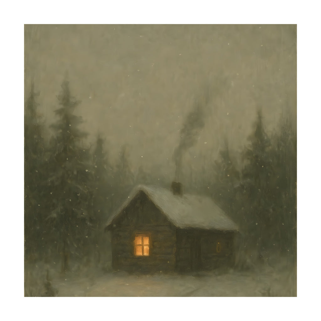 Vintage oil-painting style winter scene of a small log cabin with a glowing orange window and chimney smoke, surrounded by snowy evergreen trees and a faint footpath in the snow.