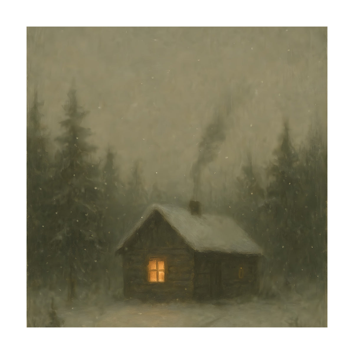 Vintage oil-painting style winter scene of a small log cabin with a glowing orange window and chimney smoke, surrounded by snowy evergreen trees and a faint footpath in the snow.