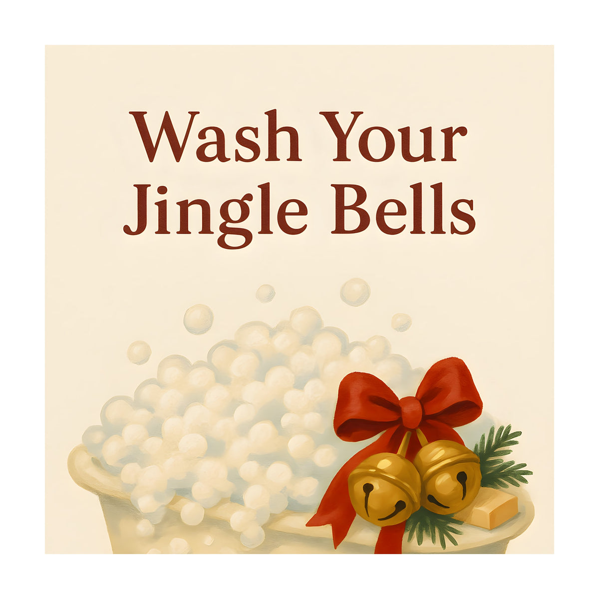 Vintage-style illustration of a cream clawfoot bathtub overflowing with bubbles, decorated with golden jingle bells, a red bow and pine sprigs, under the red text Wash Your Jingle Bells.