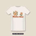 Retro boho wildflower design with a large cream and terracotta daisy bouquet above the word Mama and a single daisy above the word Mini, in terracotta, olive green and orange.