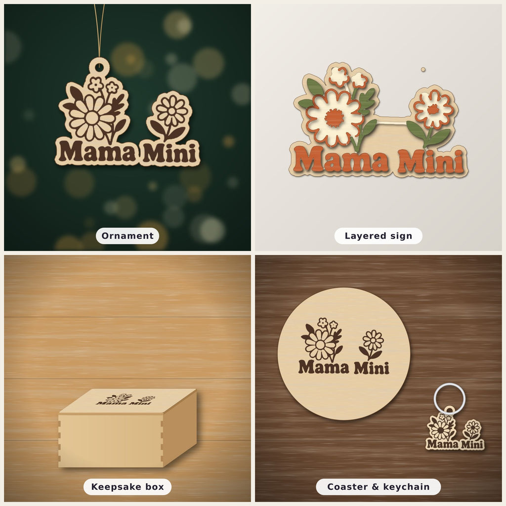 Wooden laser cut ornament with engraved daisy bouquet and single daisy, reading Mama Mini, hanging by a thin cord against a dark green background with golden bokeh lights.
