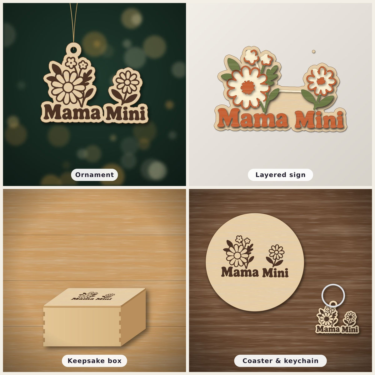 Wooden laser cut ornament with engraved daisy bouquet and single daisy, reading Mama Mini, hanging by a thin cord against a dark green background with golden bokeh lights.
