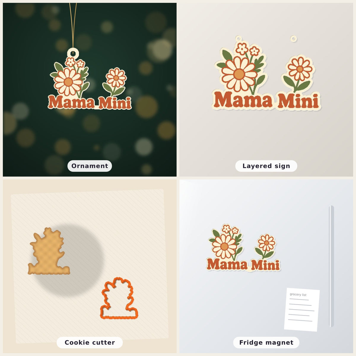 Retro floral ornament with cream and orange wildflowers and rust-red "Mama Mini" lettering, hanging from a gold string against a dark green background, labeled 75 mm ornament, 4 colors.