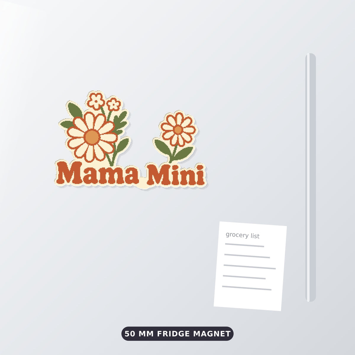 Retro floral ornament with cream and orange wildflowers and rust-red "Mama Mini" lettering, hanging from a gold string against a dark green background, labeled 75 mm ornament, 4 colors.